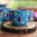 Hand-Painted Blue Terracotta Jali Cut Tealight Set – 4-Piece Artisanal Floral Design Gift Box