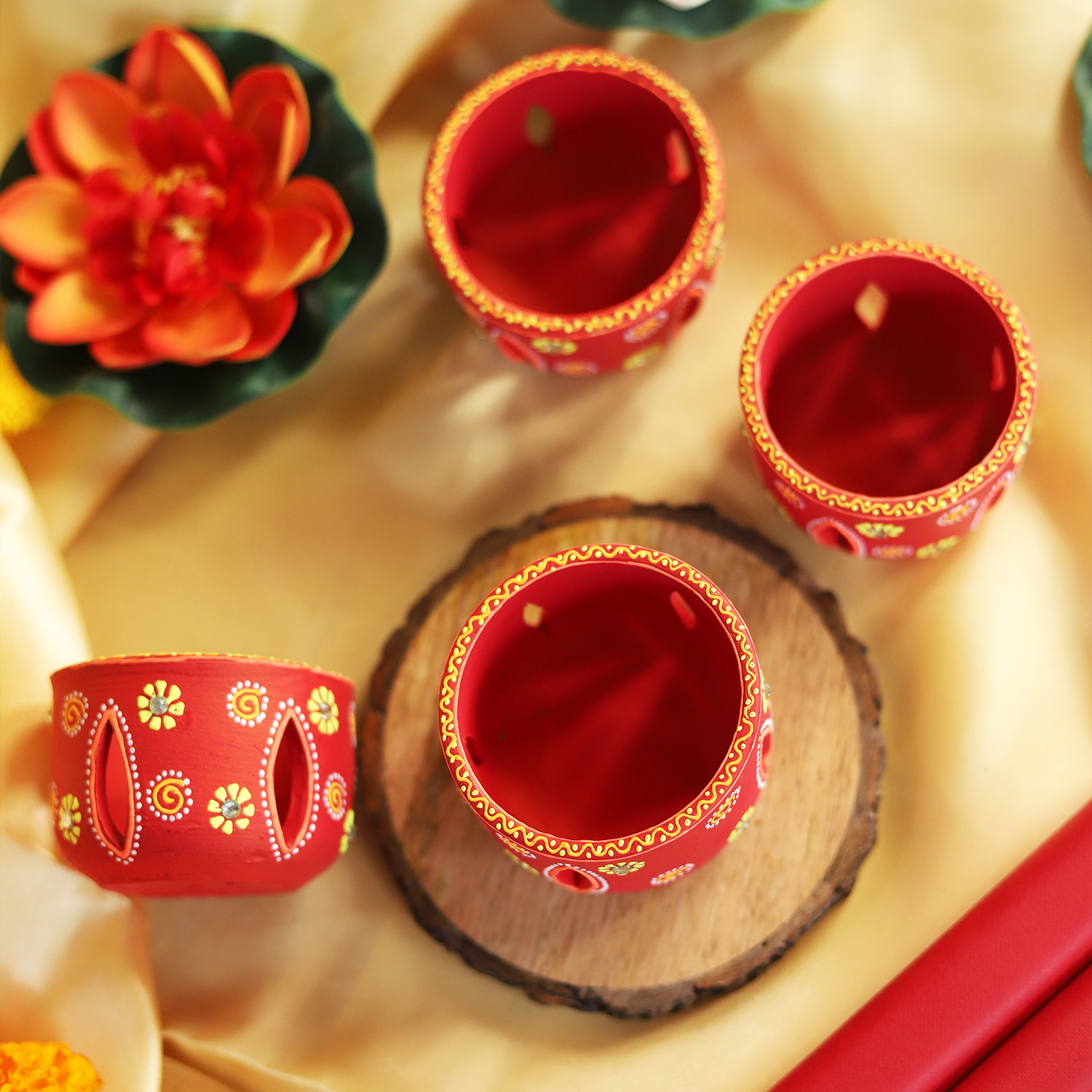 Hand-Painted Red Terracotta Jali Cut Tealight Set – 4-Piece Artisanal Floral Design Gift Box