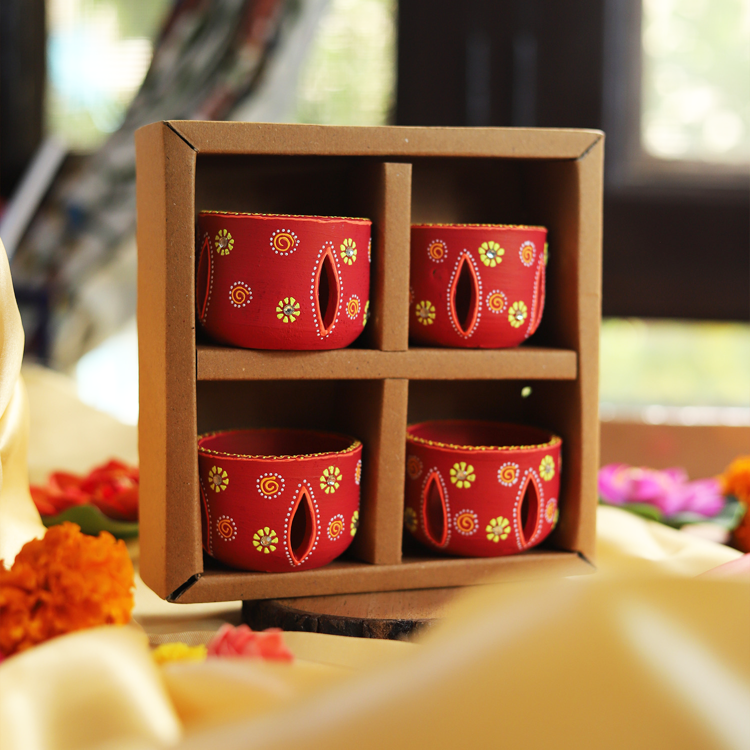 Hand-Painted Red Terracotta Jali Cut Tealight Set – 4-Piece Artisanal Floral Design Gift Box