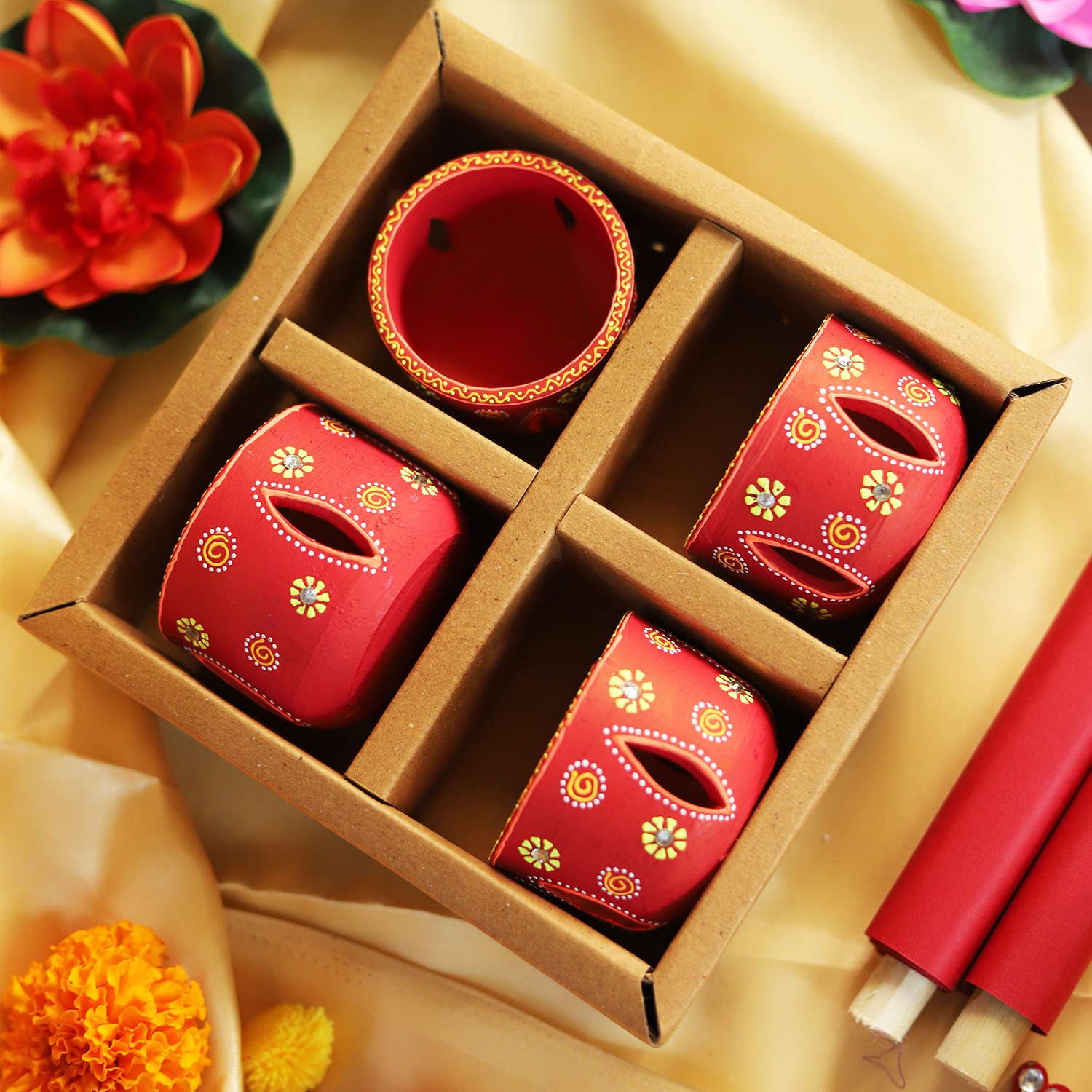 Hand-Painted Red Terracotta Jali Cut Tealight Set – 4-Piece Artisanal Floral Design Gift Box