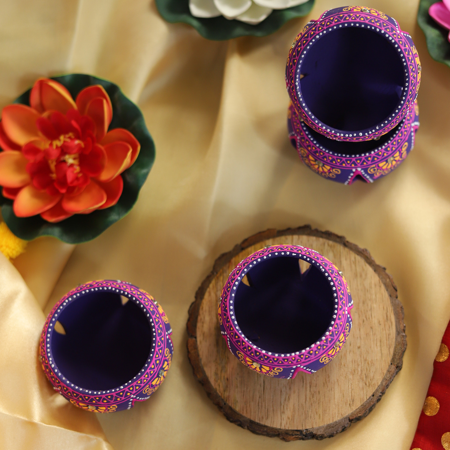 Hand-Painted Purple Terracotta Jali Cut Tealight Set – 4-Piece Artisanal Floral Design Gift Box