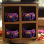 Hand-Painted Purple Terracotta Jali Cut Tealight Set – 4-Piece Artisanal Floral Design Gift Box