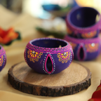 Hand-Painted Purple Terracotta Jali Cut Tealight Set – 4-Piece Artisanal Floral Design Gift Box