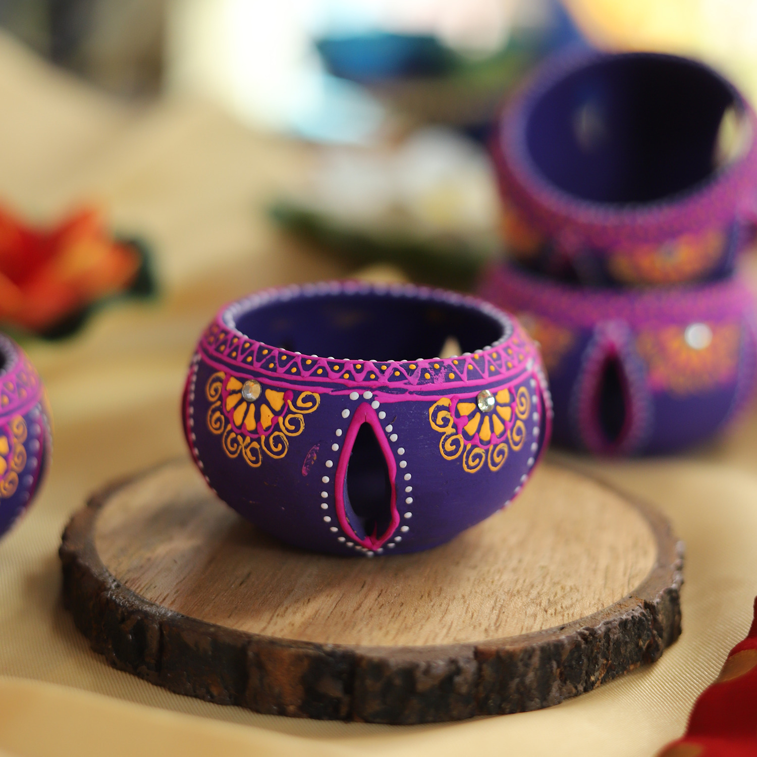 Hand-Painted Purple Terracotta Jali Cut Tealight Set – 4-Piece Artisanal Floral Design Gift Box
