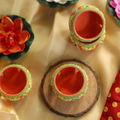 Hand-Painted Orange Terracotta Jali Cut Tealight Set – 4-Piece Artisanal Floral Design Gift Box