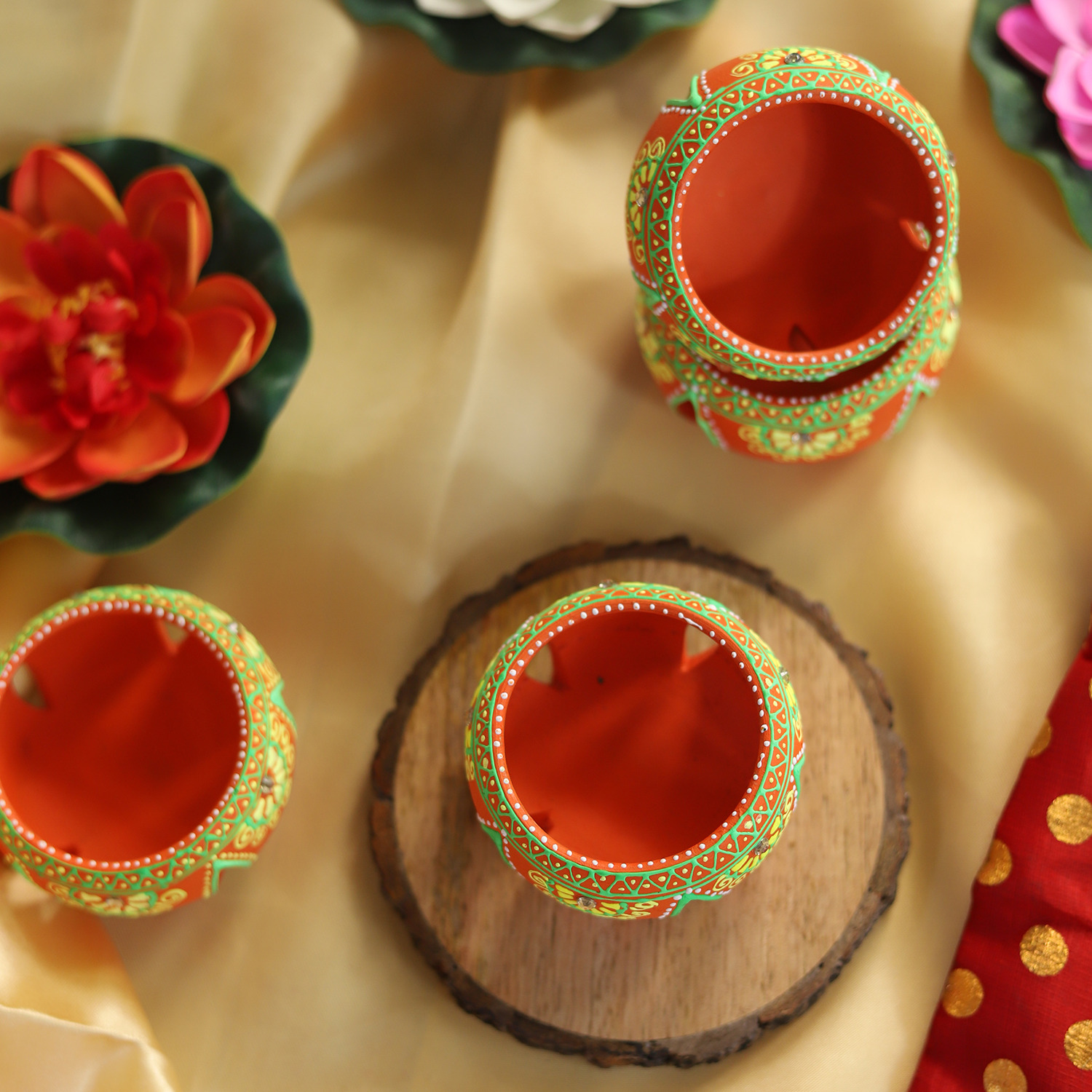 Hand-Painted Orange Terracotta Jali Cut Tealight Set – 4-Piece Artisanal Floral Design Gift Box