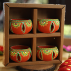 Hand-Painted Orange Terracotta Jali Cut Tealight Set – 4-Piece Artisanal Floral Design Gift Box