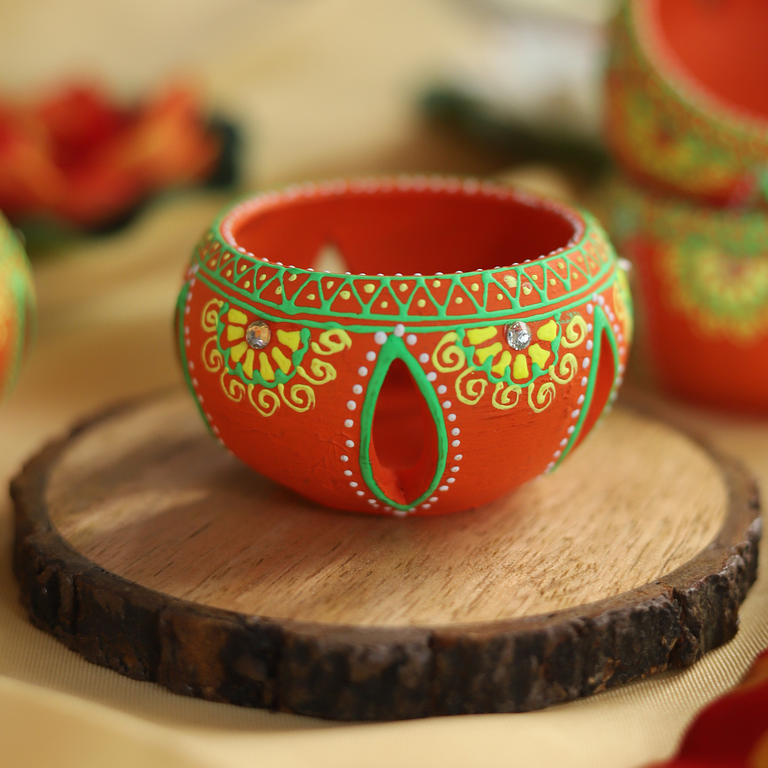 Hand-Painted Orange Terracotta Jali Cut Tealight Set – 4-Piece Artisanal Floral Design Gift Box