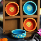 Hand-Painted Terracotta Multi-Color Tealight Set – 4-Piece Artisanal Floral Design Gift Box