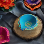 Hand-Painted Terracotta Double Diya Set – 4-Piece Artisanal Festive Oil Lamps Gift Box