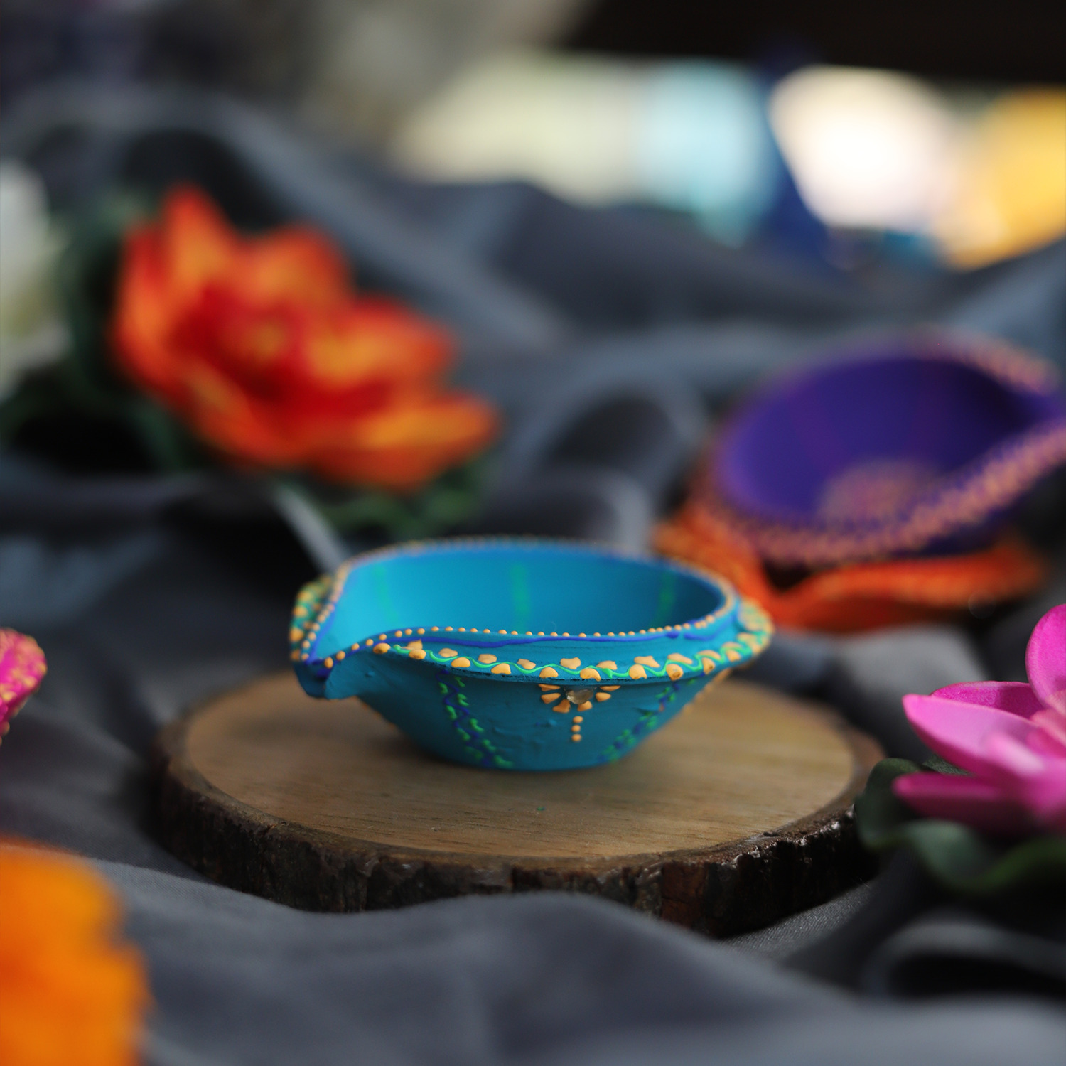 Hand-Painted Terracotta Diya Set of 4 – Vibrant Festive Oil Lamps