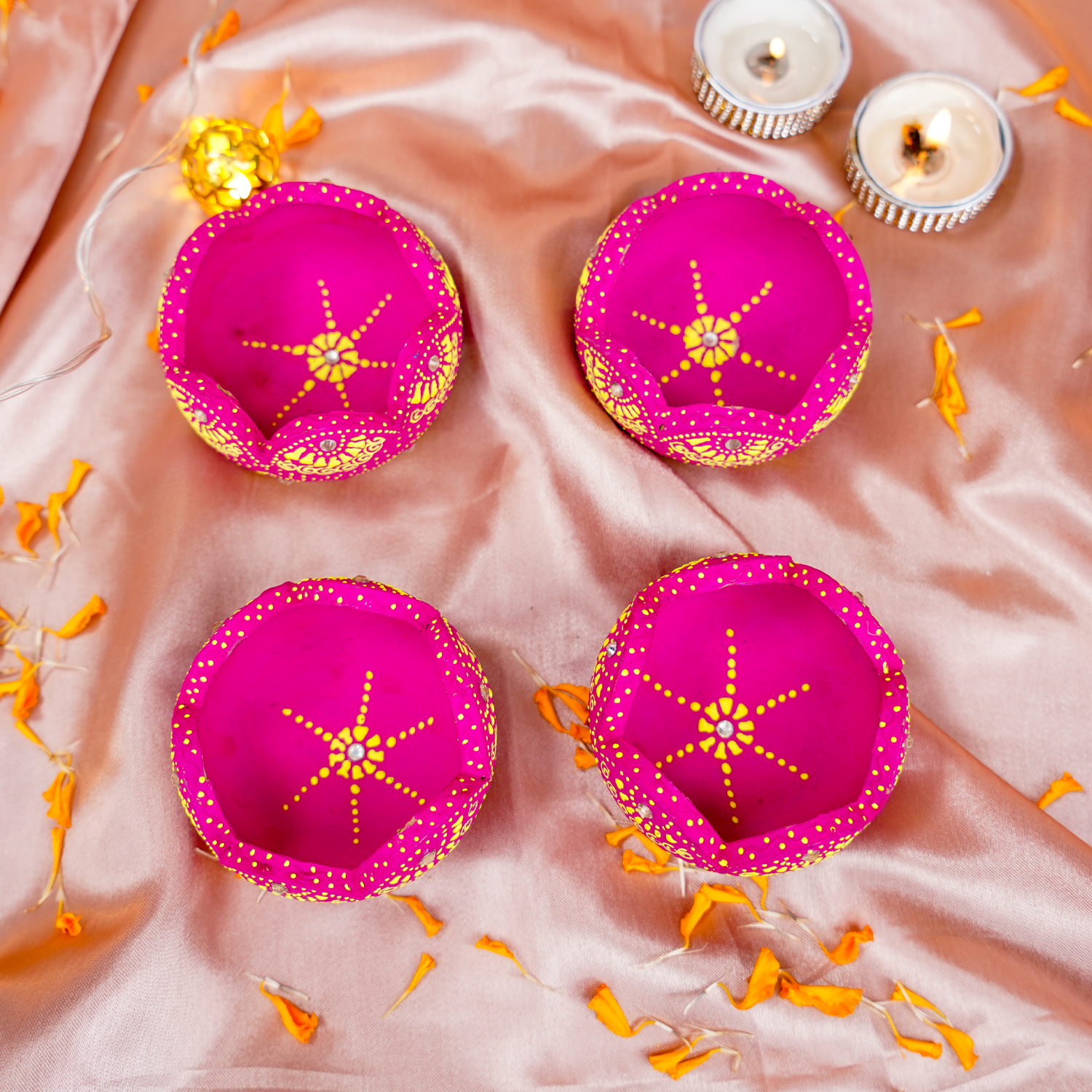 Hand-Painted Terracotta Lotus Diya Set – 4-Piece Artisanal Floral Oil Lamps for Festive Decor