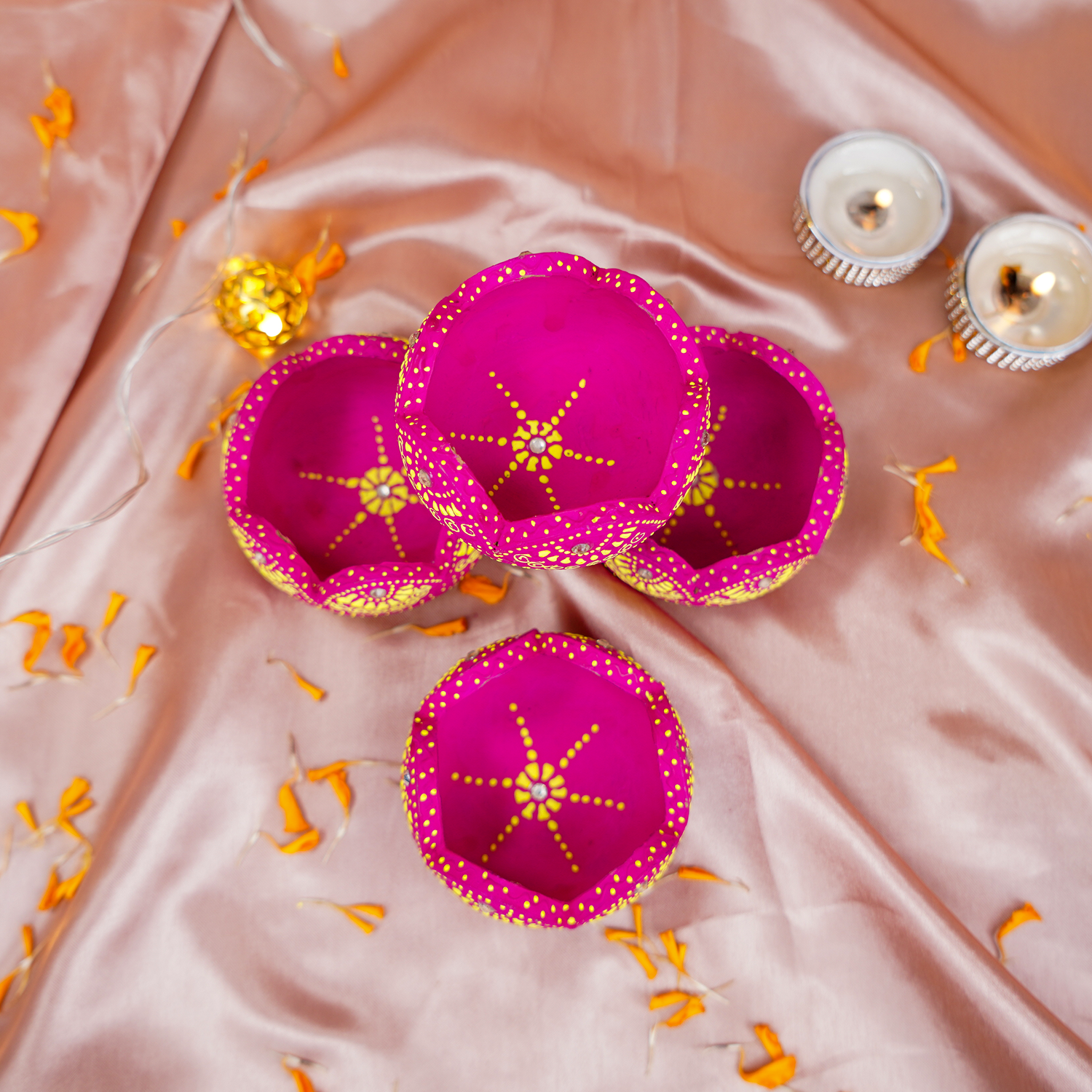 Hand-Painted Terracotta Lotus Diya Set – 4-Piece Artisanal Floral Oil Lamps for Festive Decor