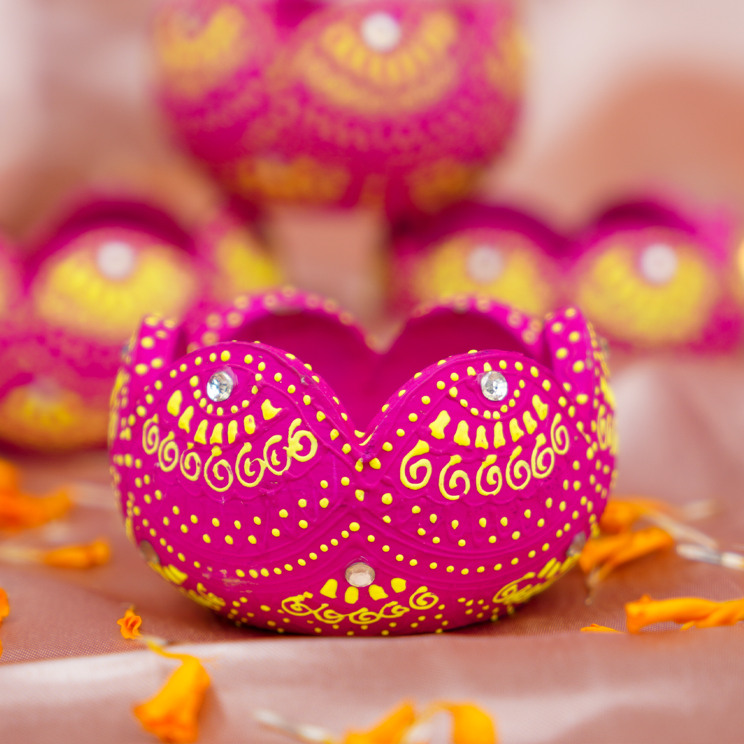 Hand-Painted Terracotta Lotus Diya Set – 4-Piece Artisanal Floral Oil Lamps for Festive Decor