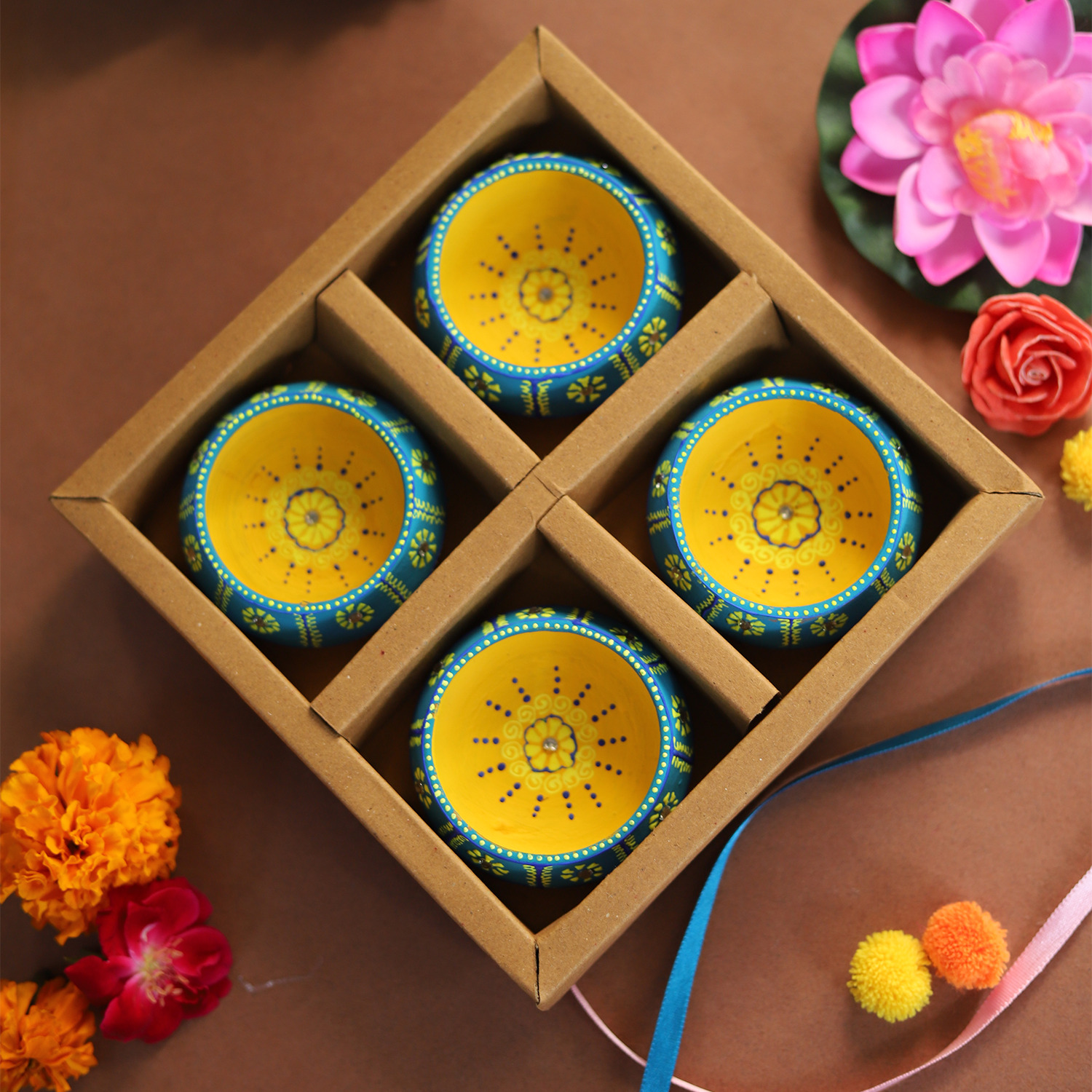 Hand-Painted Terracotta Dekhchi Diya Set – 4-Piece Artisanal Floral Oil Lamps for Festive Decor