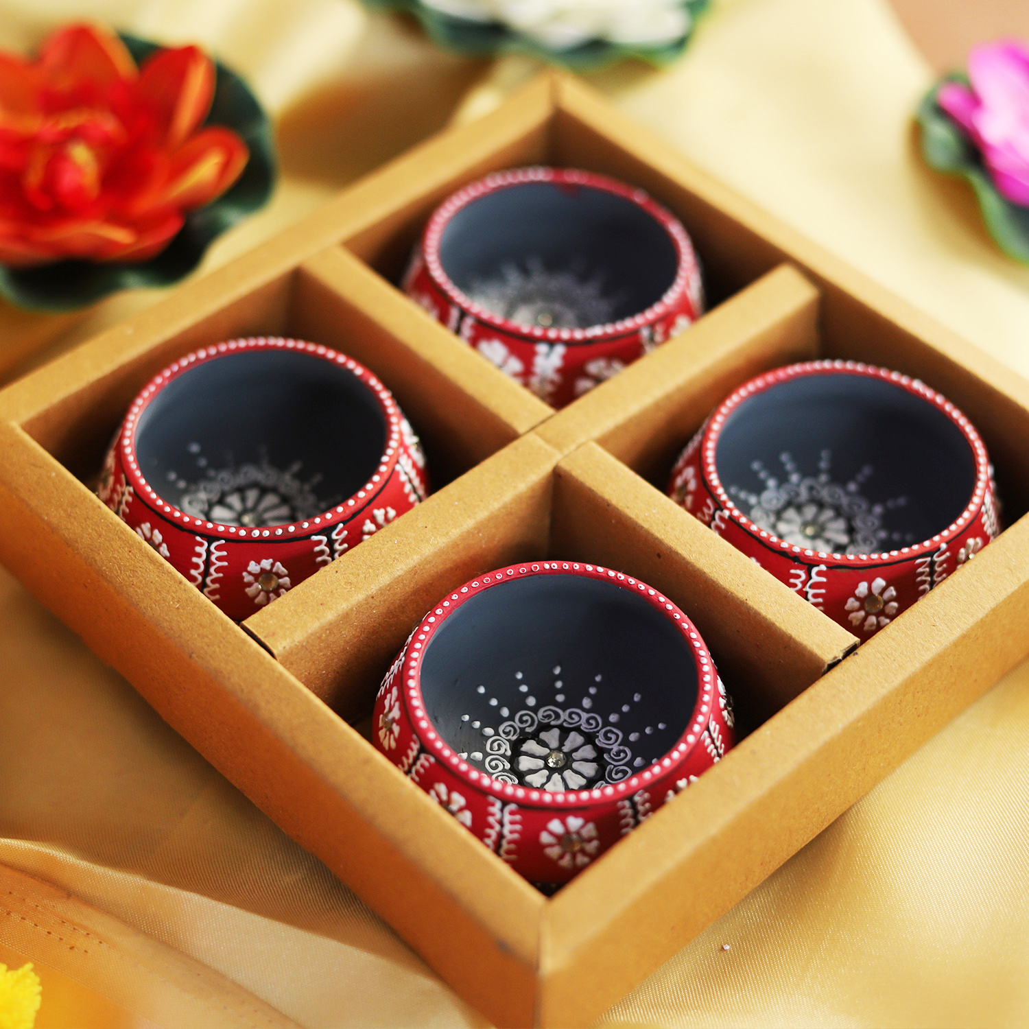 Hand-Painted Terracotta Red Dekhchi Diya Set – Artisanal 4-Piece Festive Oil Lamps for Home Decor