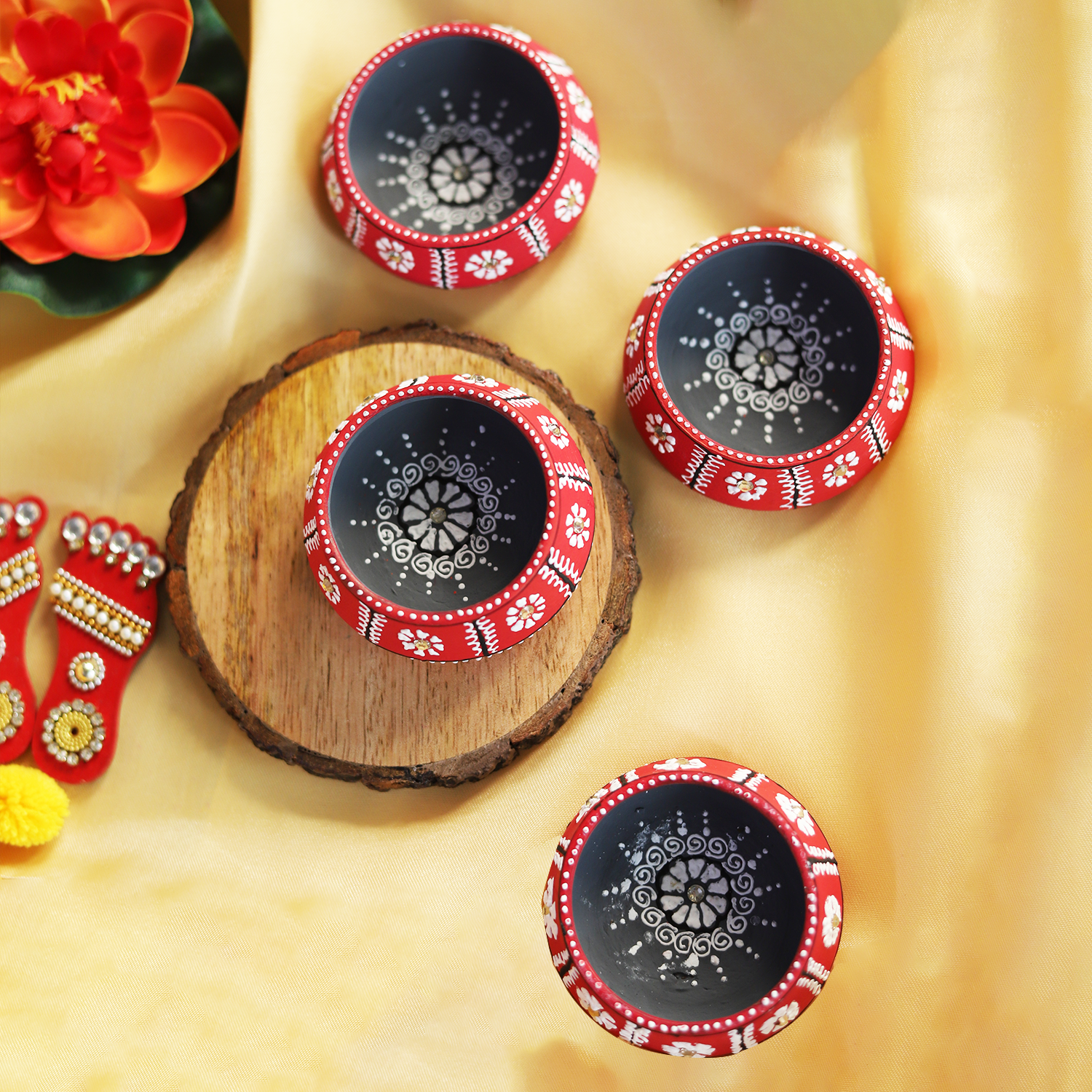 Hand-Painted Terracotta Red Dekhchi Diya Set – Artisanal 4-Piece Festive Oil Lamps for Home Decor