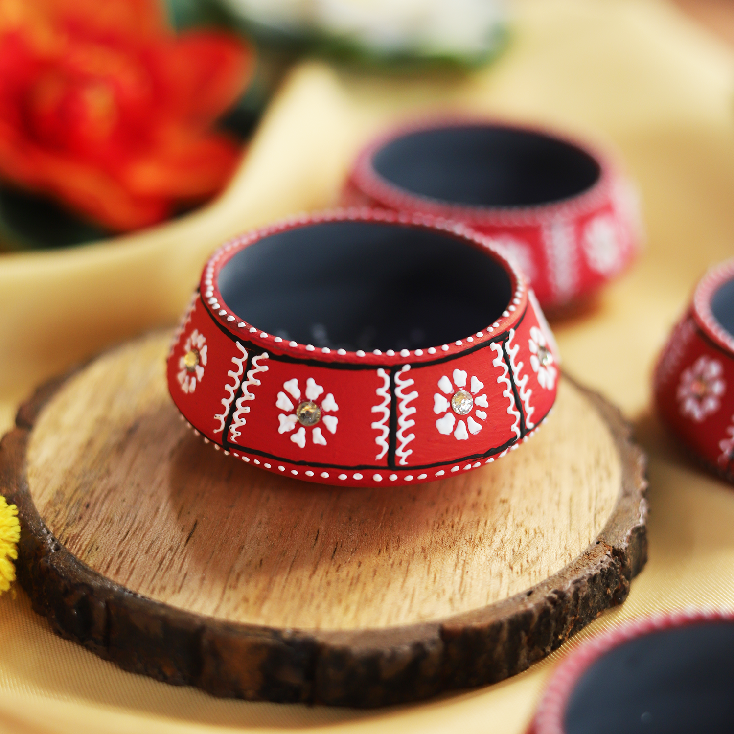 Hand-Painted Terracotta Red Dekhchi Diya Set – Artisanal 4-Piece Festive Oil Lamps for Home Decor