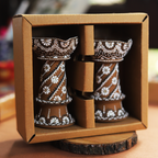 Hand-Painted Terracotta Brown Paisley Diya Set – 2-Piece Artisanal Elevated Oil Lamps for Festive Decor