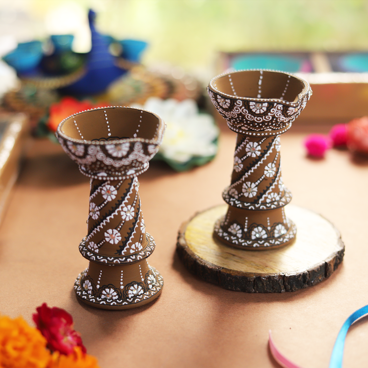 Hand-Painted Terracotta Brown Paisley Diya Set – 2-Piece Artisanal Elevated Oil Lamps for Festive Decor