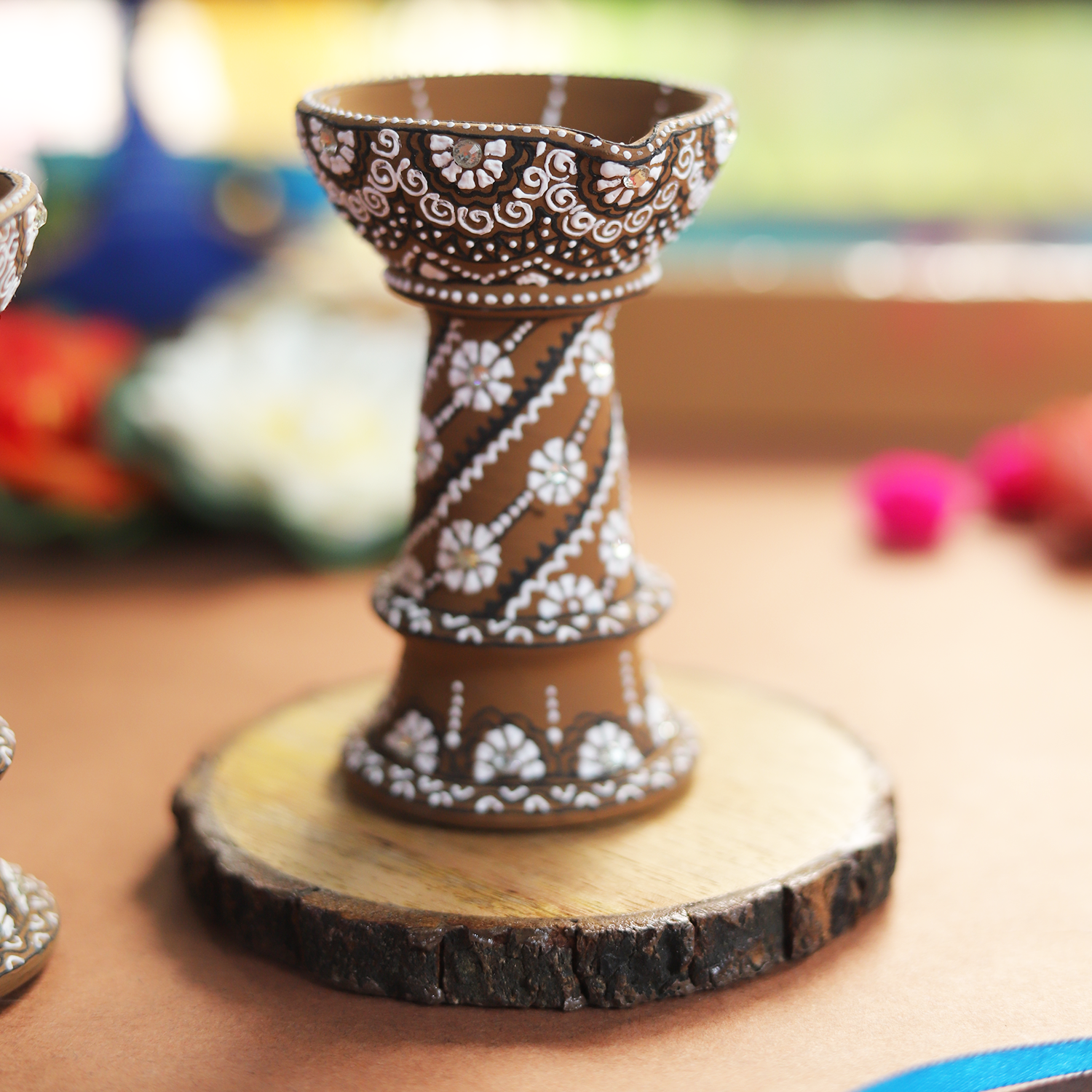 Hand-Painted Terracotta Brown Paisley Diya Set – 2-Piece Artisanal Elevated Oil Lamps for Festive Decor