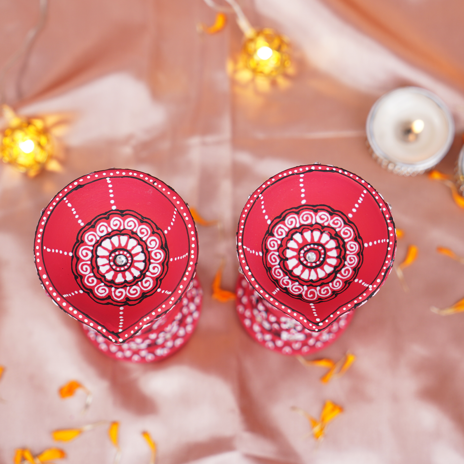Hand-Painted Terracotta Red Paisley Diya Set – 2-Piece Artisanal Elevated Pillar Lamps for Festive Decor