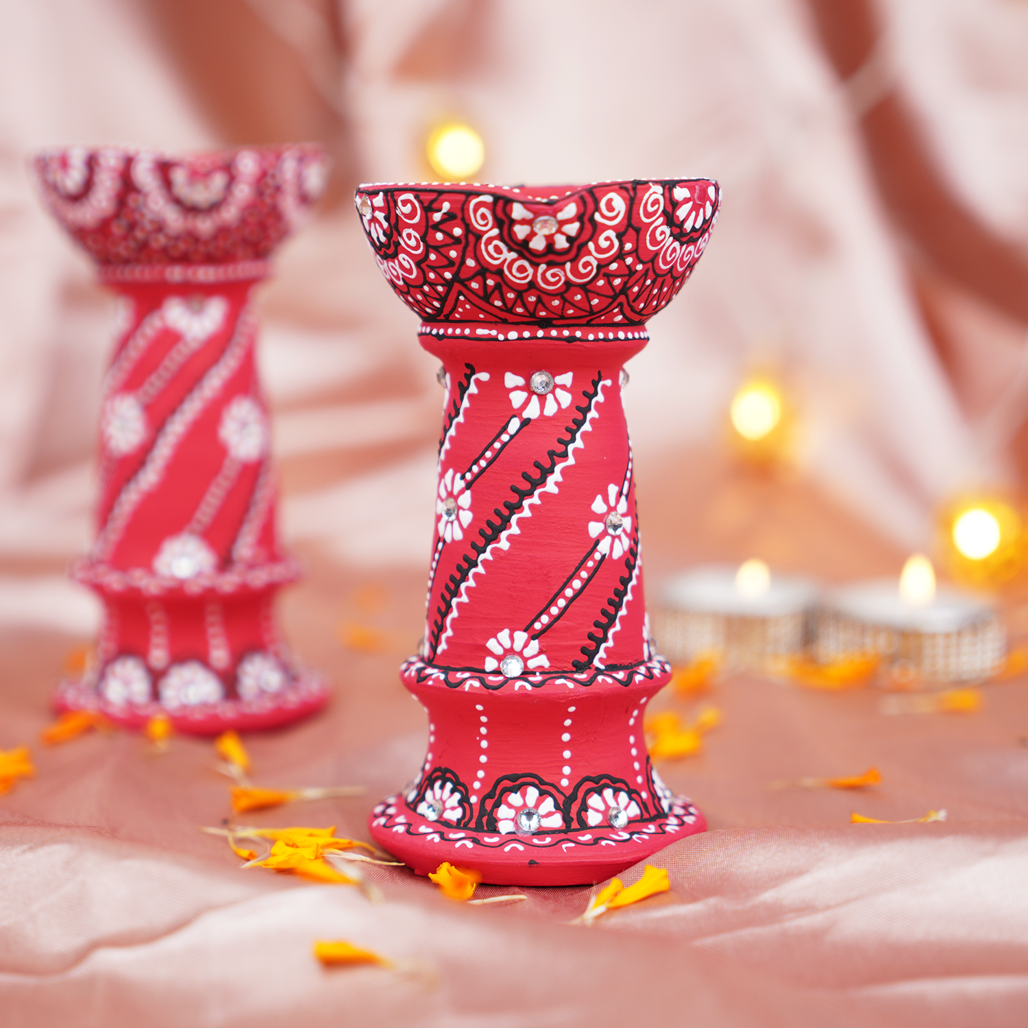 Hand-Painted Terracotta Red Paisley Diya Set – 2-Piece Artisanal Elevated Pillar Lamps for Festive Decor