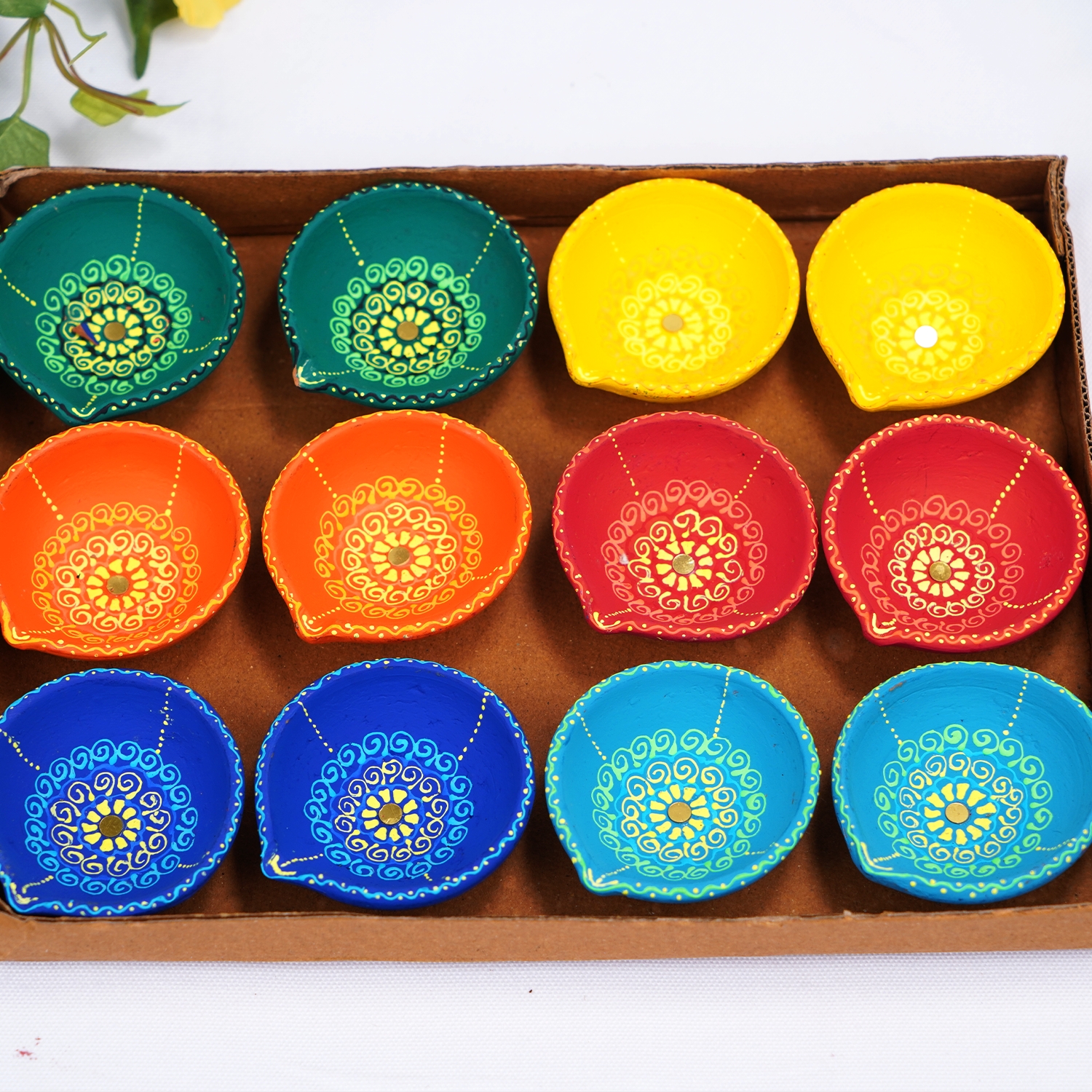 Hand-Painted Terracotta Set of 12 Multi-Color Diyas – Artisanal Festive Oil Lamps Gift Box