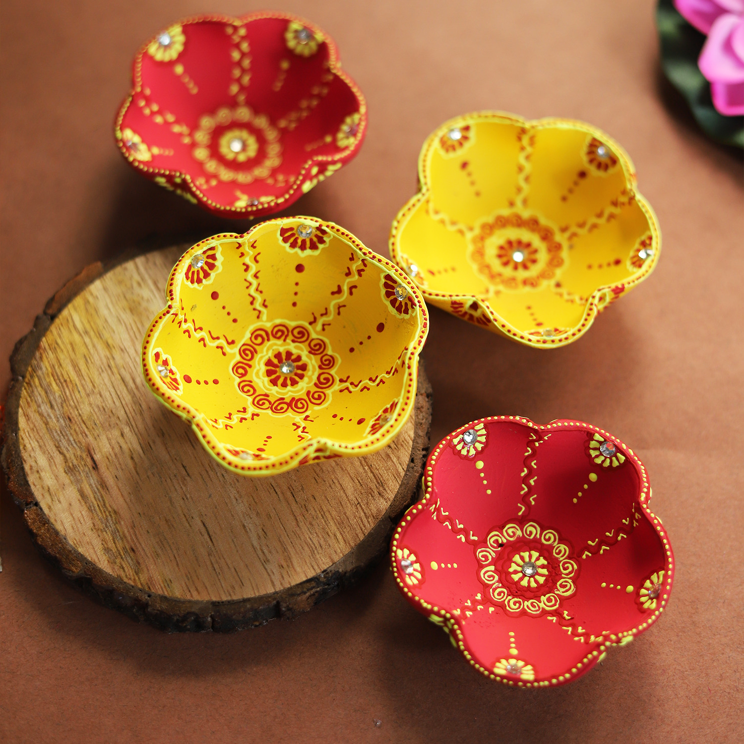 Hand-Painted Terracotta Flower Diya Set – 4-Piece Artisanal Floral Oil Lamps for Festive Decor