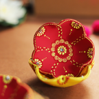 Hand-Painted Terracotta Flower Diya Set – 4-Piece Artisanal Floral Oil Lamps for Festive Decor