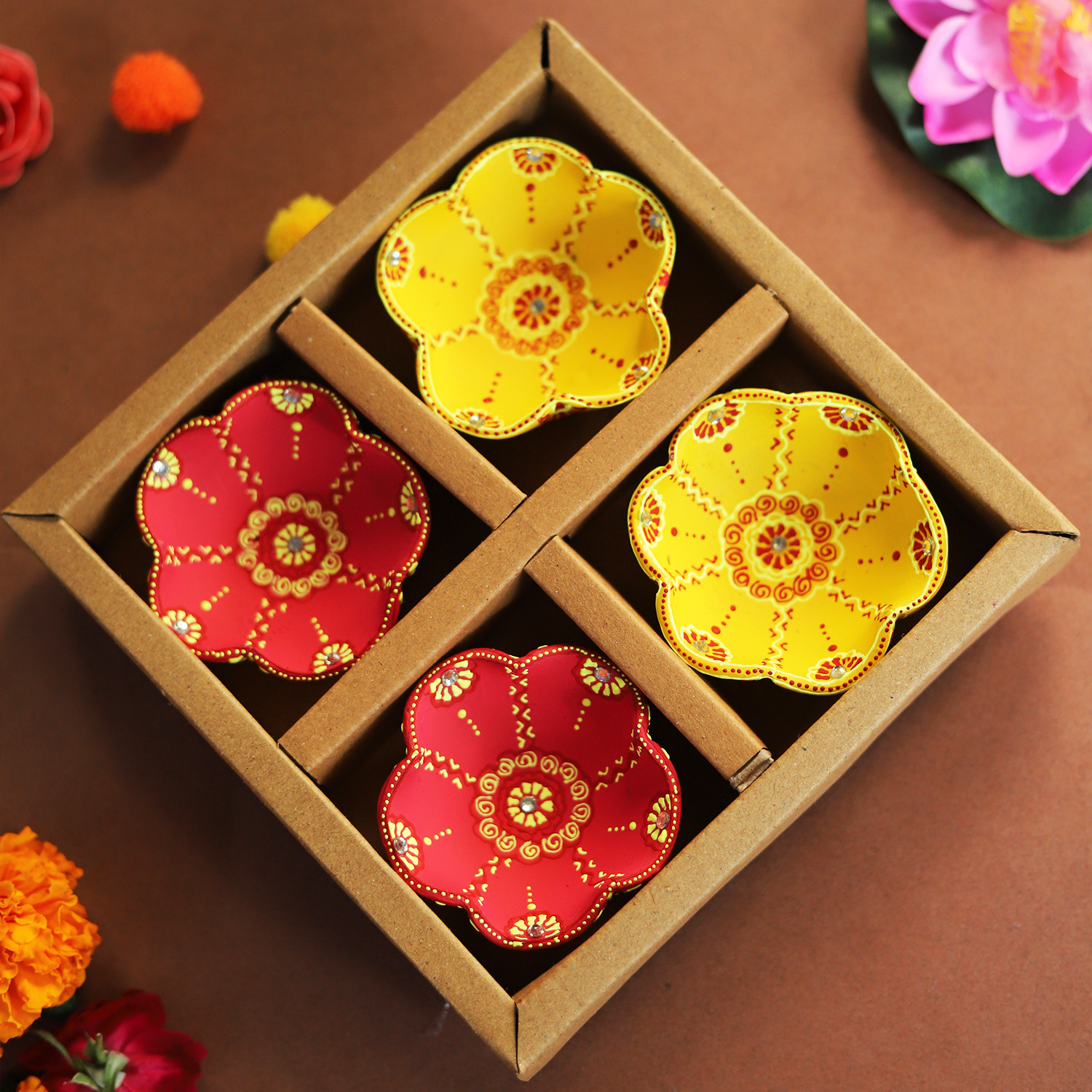Hand-Painted Terracotta Flower Diya Set – 4-Piece Artisanal Floral Oil Lamps for Festive Decor