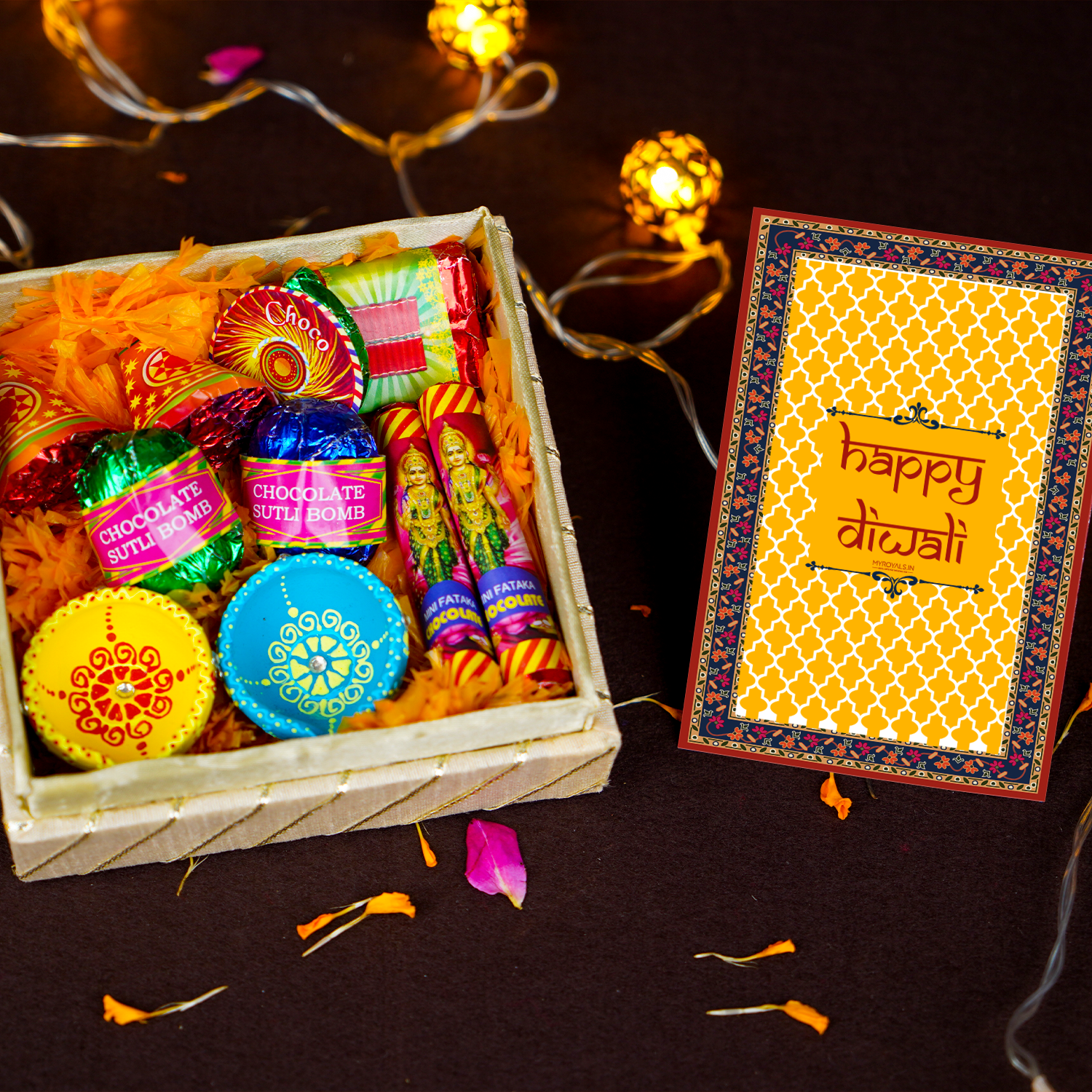 Eco-Friendly Diwali Cracker Chocolate Gift Box – Handcrafted Chocolate Patakas (Anar, Chakri, Sutli Bomb, Ladi, Laxmi Bomb) with Terracotta Diyas and Greeting Card