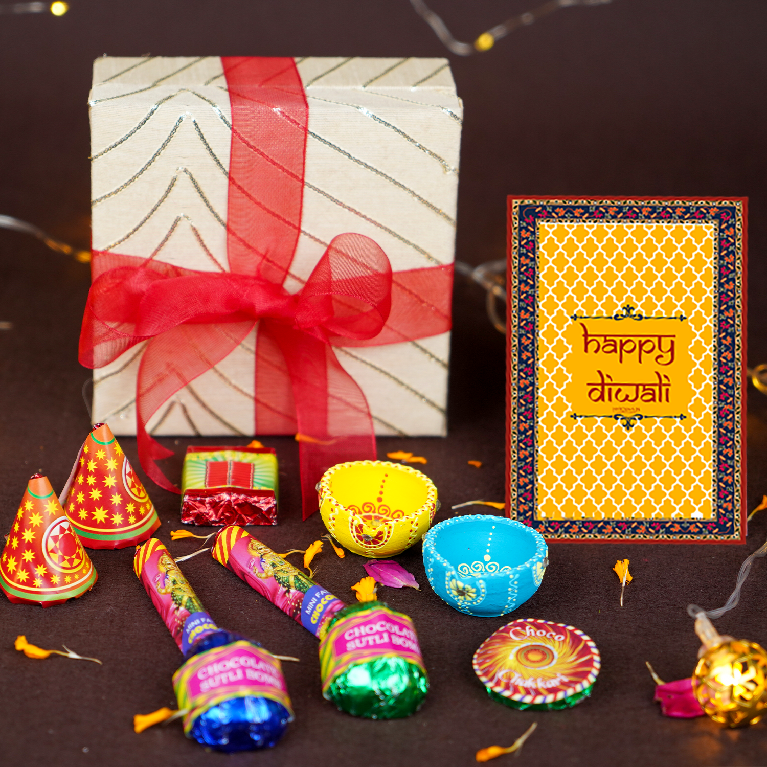 Eco-Friendly Diwali Cracker Chocolate Gift Box – Handcrafted Chocolate Patakas (Anar, Chakri, Sutli Bomb, Ladi, Laxmi Bomb) with Terracotta Diyas and Greeting Card
