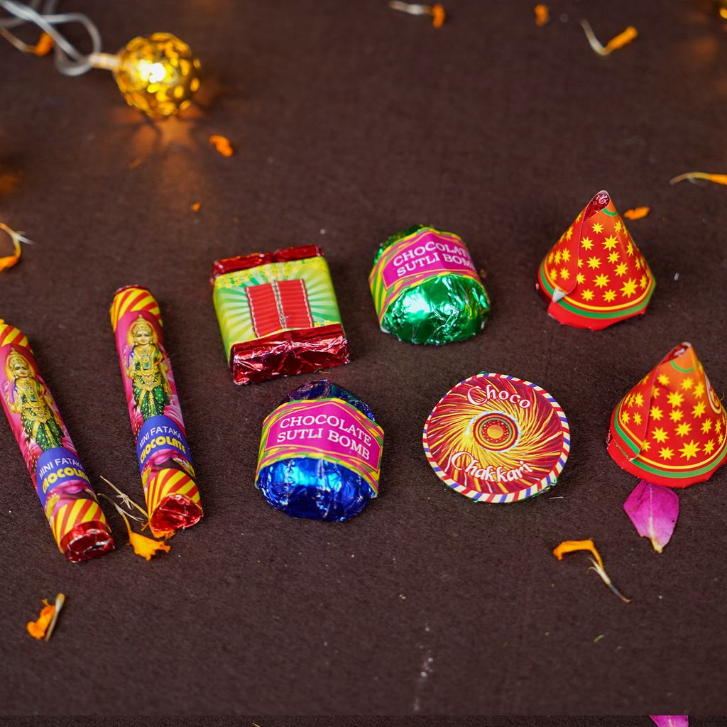 Eco-Friendly Diwali Cracker Chocolate Gift Box – Handcrafted Chocolate Patakas (Anar, Chakri, Sutli Bomb, Ladi, Laxmi Bomb) with Terracotta Diyas and Greeting Card