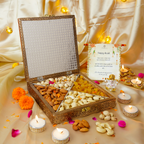 Royal Diwali Dry Fruit Gift Box – Antique Golden Carved Box with Pistachios, Almonds, Cashews, Raisins, Ganesha Idol, and Traditional Greeting Scroll
