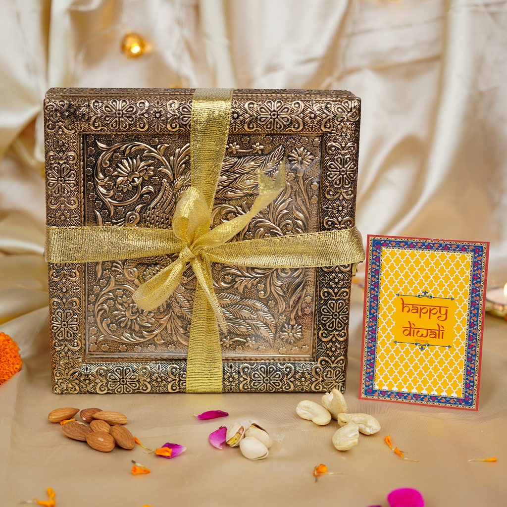 Royal Diwali Dry Fruit Gift Box – Antique Golden Carved Box with Pistachios, Almonds, Cashews, Raisins, Ganesha Idol, and Traditional Greeting Scroll
