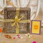 Royal Diwali Dry Fruit Gift Box – Antique Golden Carved Box with Pistachios, Almonds, Cashews, Raisins, Ganesha Idol, and Traditional Greeting Scroll