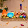 Festive Diwali Cracker Chocolate Gift Tray – Handcrafted Wooden Platter with Assorted Firecracker-Themed Chocolates, Terracotta Diyas, and Greeting Card