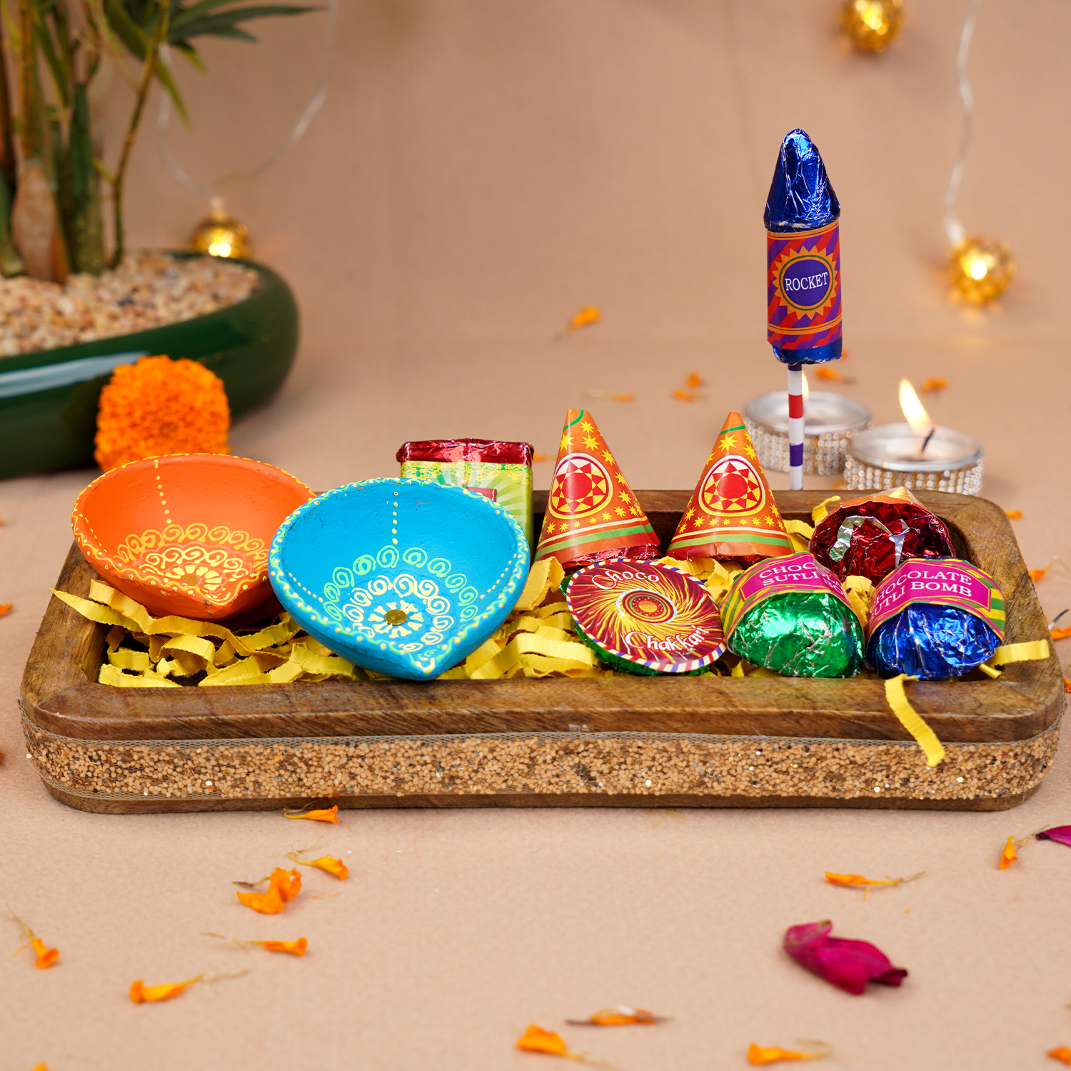Festive Diwali Cracker Chocolate Gift Tray – Handcrafted Wooden Platter with Assorted Firecracker-Themed Chocolates, Terracotta Diyas, and Greeting Card