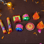 Festive Diwali Cracker Chocolate Gift Tray – Handcrafted Wooden Platter with Assorted Firecracker-Themed Chocolates, Terracotta Diyas, and Greeting Card