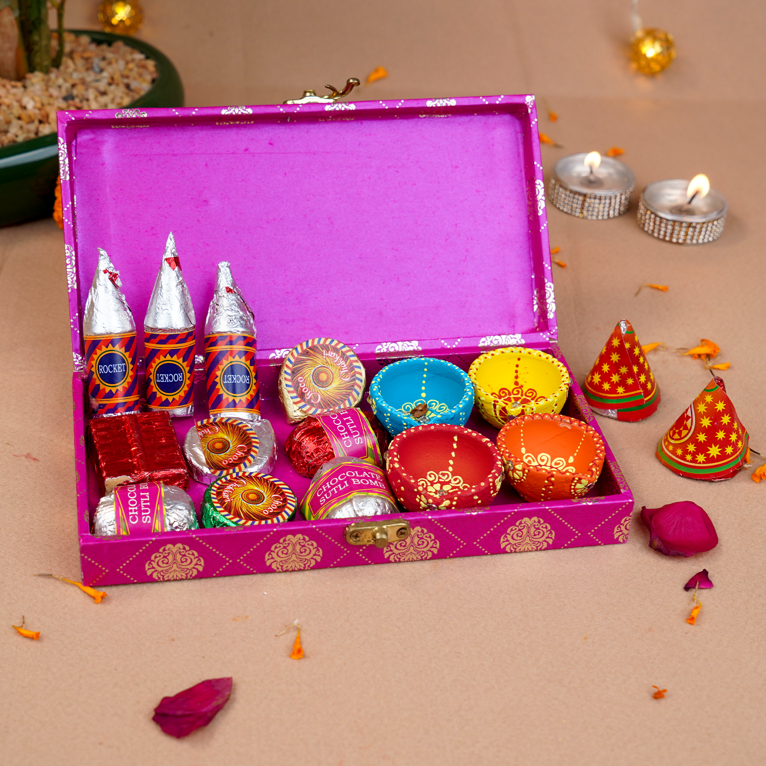 Sparkling Diwali Cracker Chocolate Gift Box – Festive Handcrafted Chocolates (Anar, Rocket, Chakri, Sutli Bomb, Ladi) with 4 Terracotta Diyas and Greeting Card