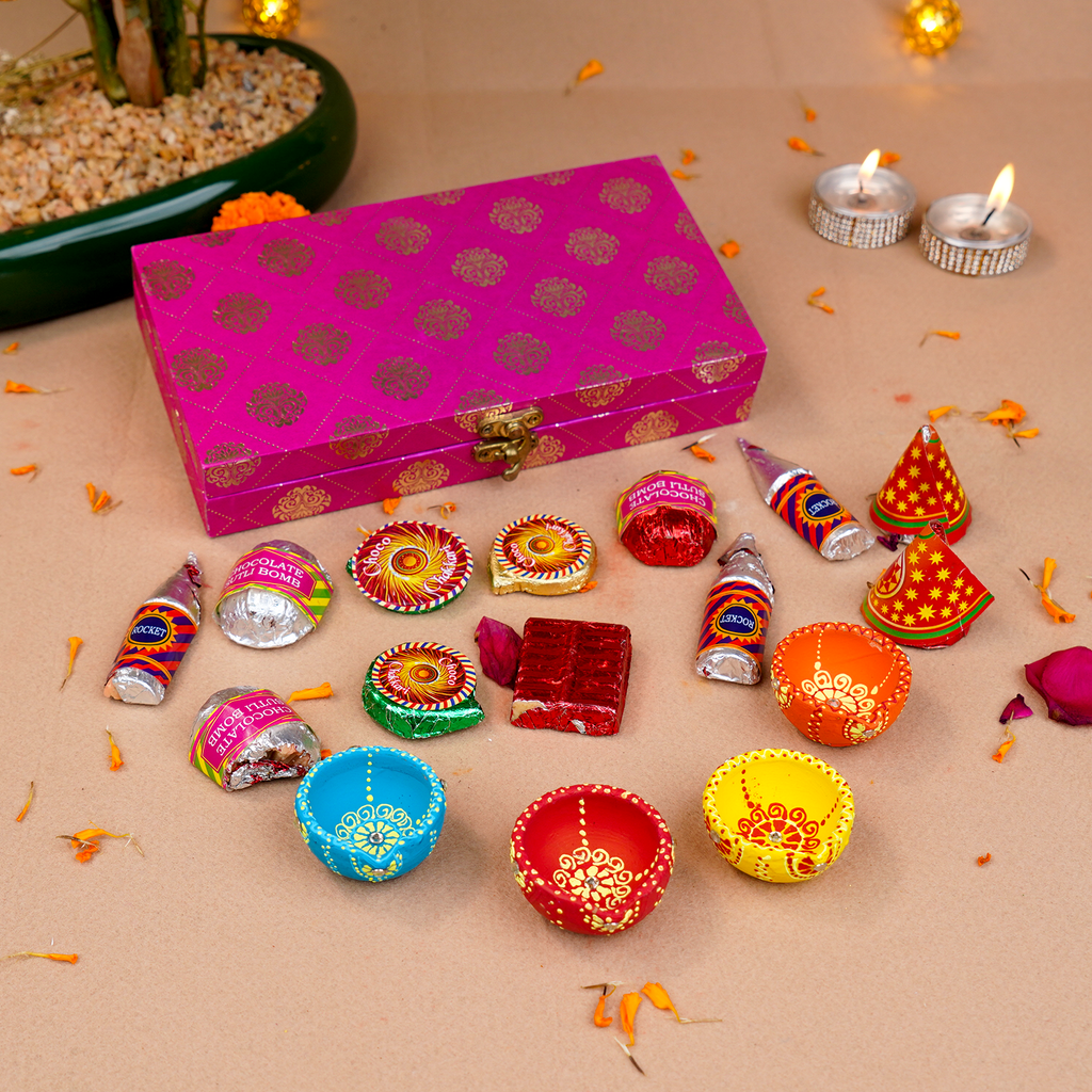 Sparkling Diwali Cracker Chocolate Gift Box – Festive Handcrafted Chocolates (Anar, Rocket, Chakri, Sutli Bomb, Ladi) with 4 Terracotta Diyas and Greeting Card
