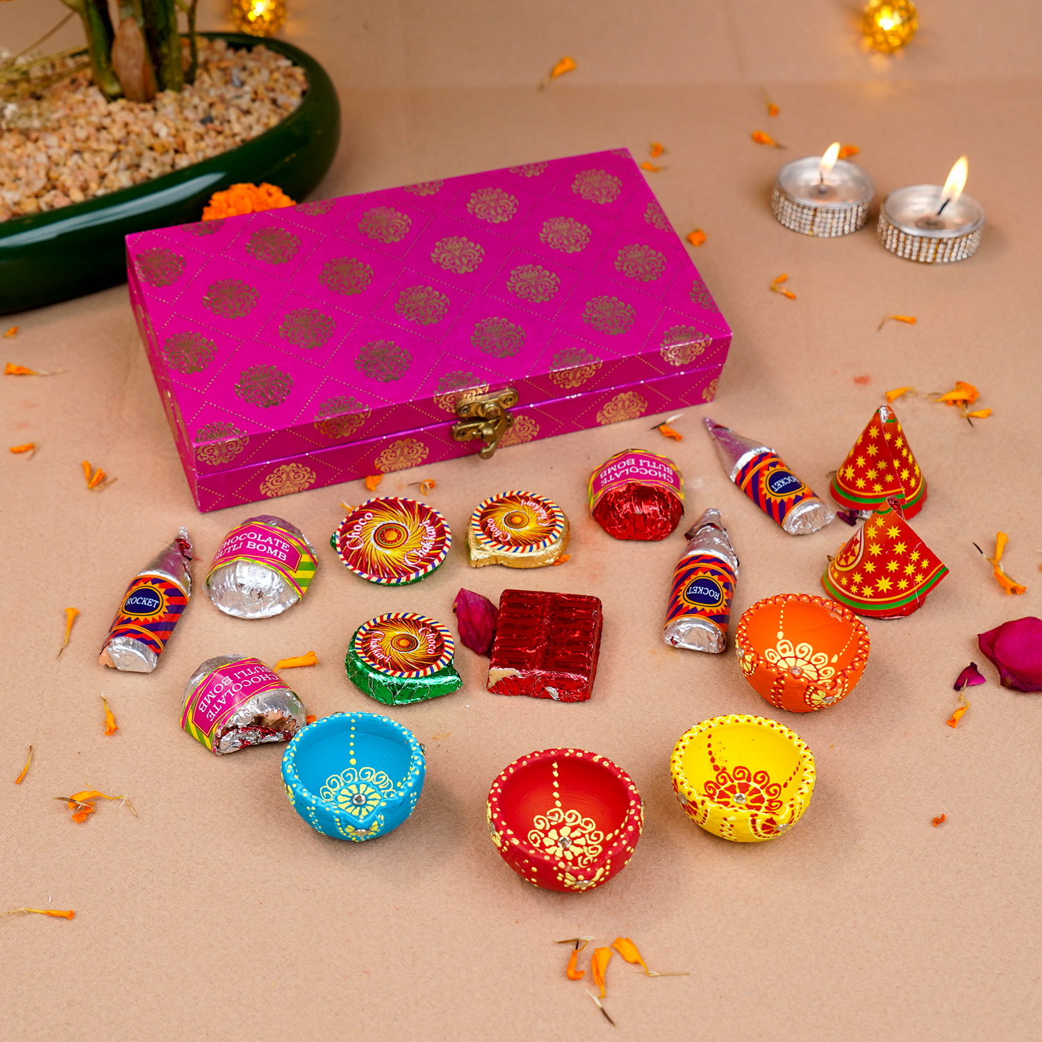 Sparkling Diwali Cracker Chocolate Gift Box – Festive Handcrafted Chocolates (Anar, Rocket, Chakri, Sutli Bomb, Ladi) with 4 Terracotta Diyas and Greeting Card