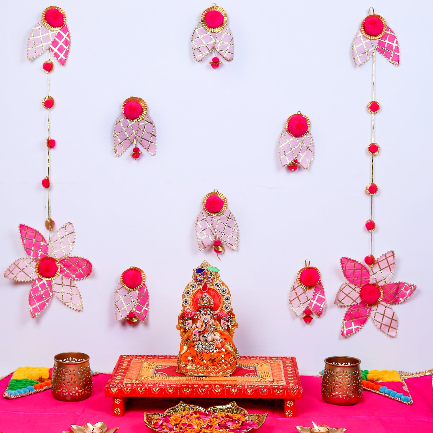 Handcrafted Gota Patti Flower Mandir Backdrop – Ethnic Pink Floral Wall Decor & Pooja Room Background Set