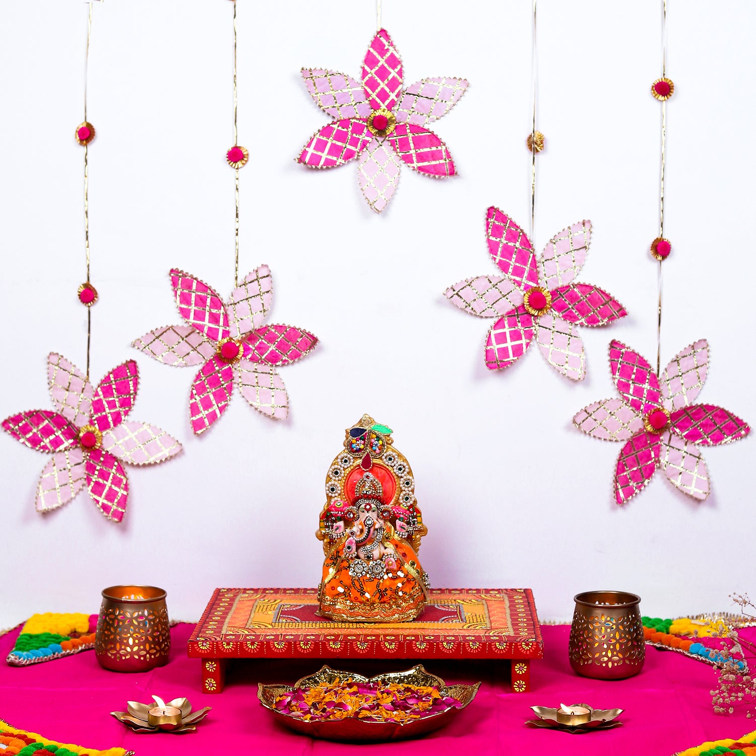 Handcrafted Gota Patti Flower Mandir Backdrop – Ethnic Pink Floral Wall Decor & Pooja Room Background Set