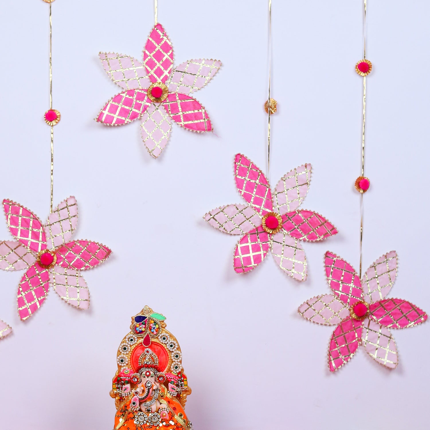 Handcrafted Gota Patti Flower Mandir Backdrop – Ethnic Pink Floral Wall Decor & Pooja Room Background Set