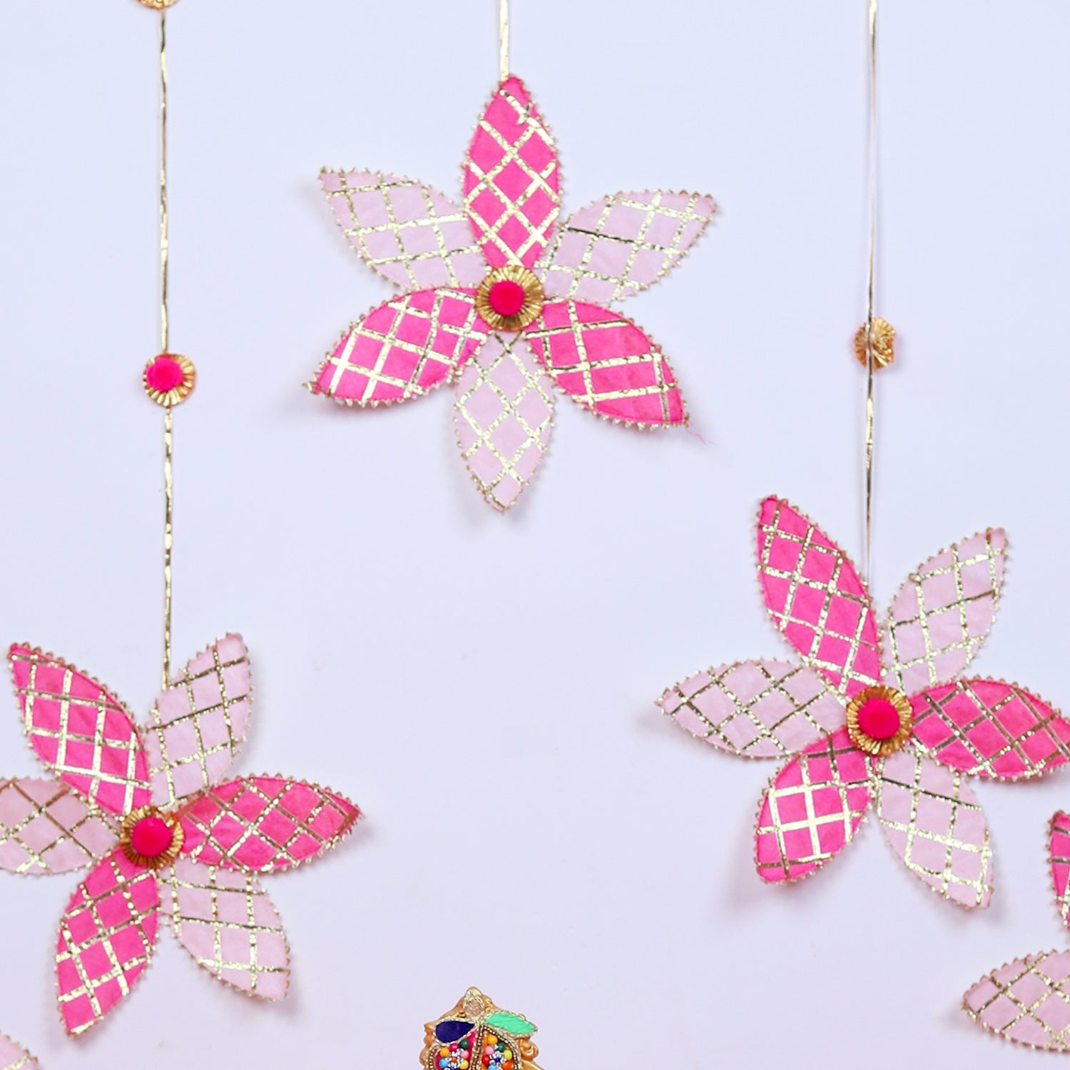 Handcrafted Gota Patti Flower Mandir Backdrop – Ethnic Pink Floral Wall Decor & Pooja Room Background Set
