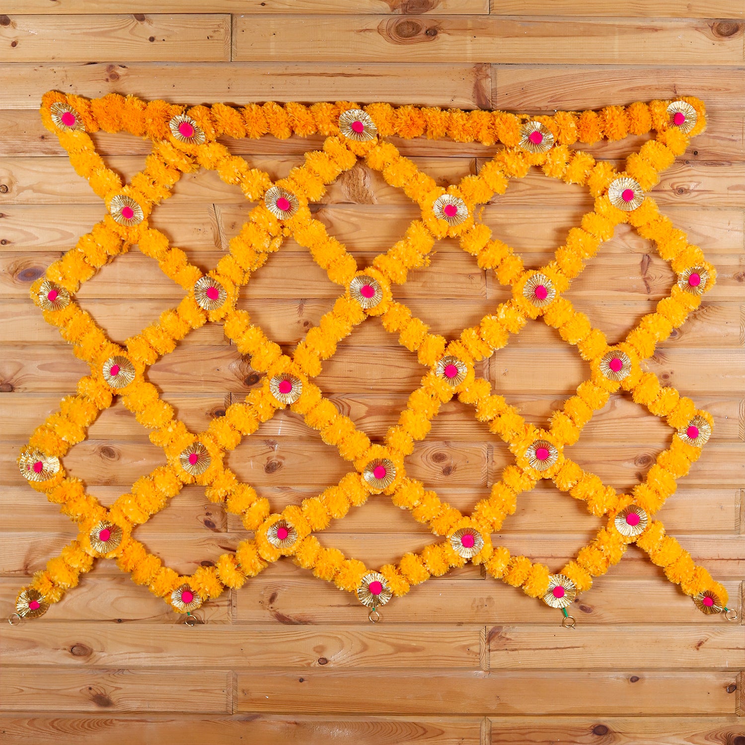 Handcrafted Marigold Jaal Mandir Backdrop – Yellow Genda Phool Net for Festive Pooja Decor