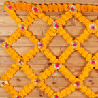 Handcrafted Marigold Jaal Mandir Backdrop – Yellow Genda Phool Net for Festive Pooja Decor