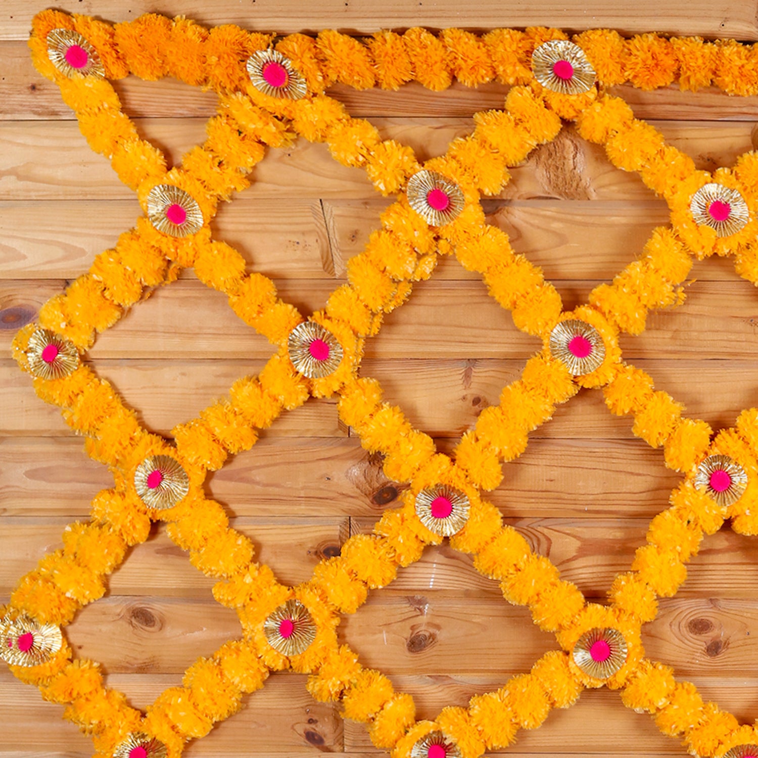 Handcrafted Marigold Jaal Mandir Backdrop – Yellow Genda Phool Net for Festive Pooja Decor